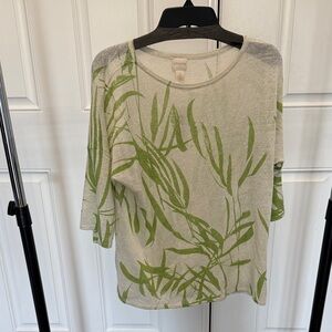 Chico's Cream Top with Green Leaf Print